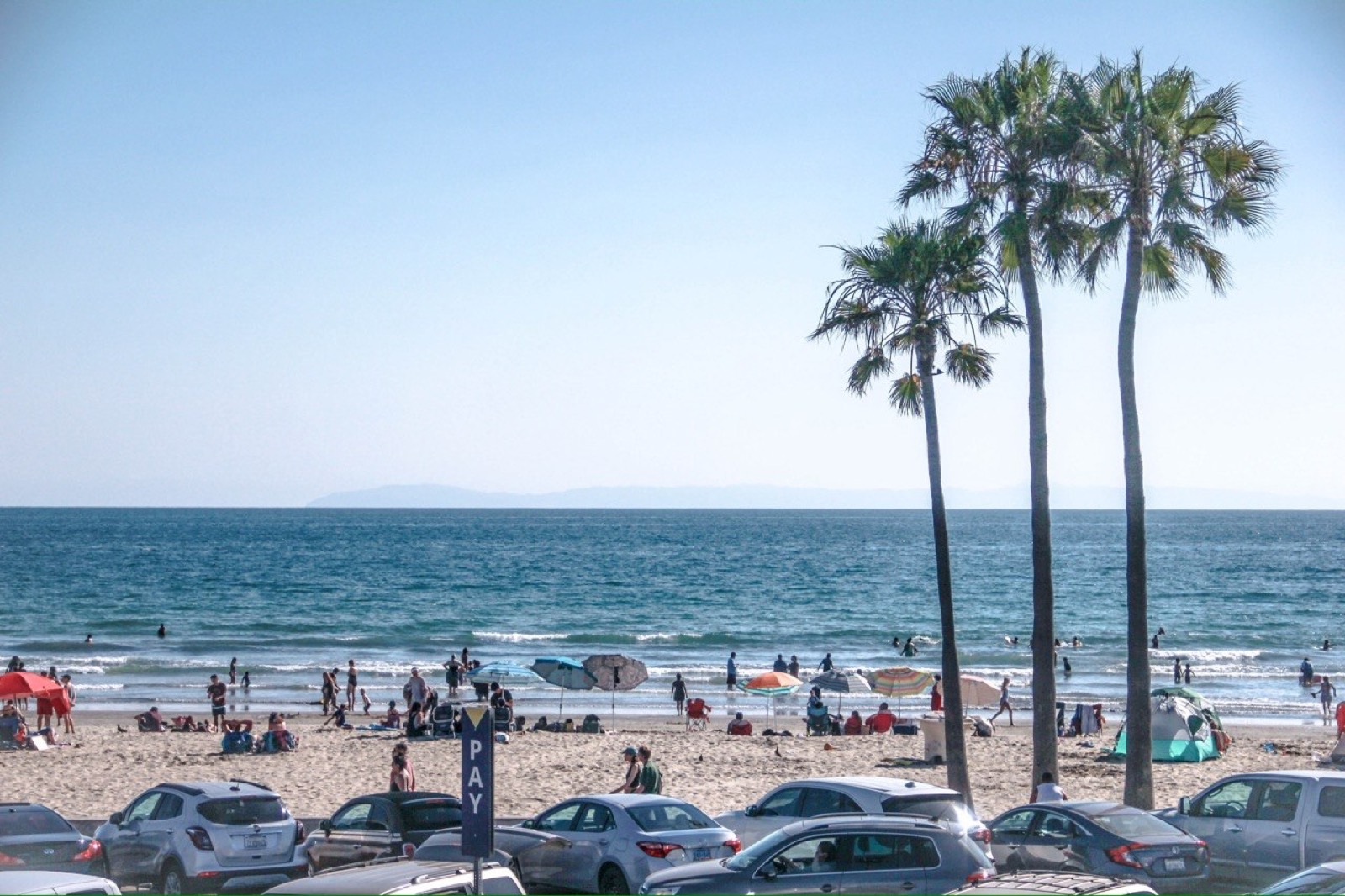 Sunny day on the Newport Beach sand with umbrellas and palm trees